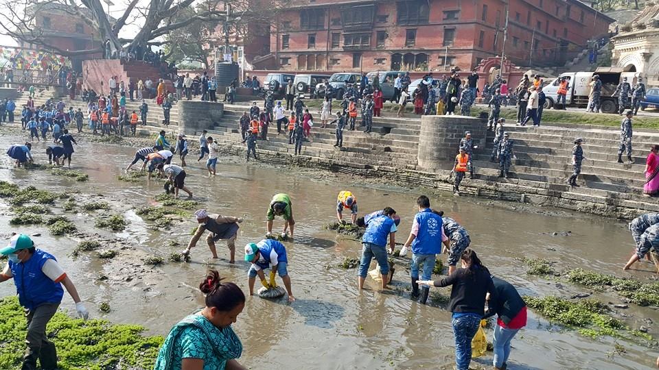 Nepal community members take care of Bagmati River during 100th Week Mega Campaign.
