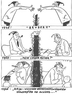 A historic parallel: A black and white cartoon of a man and a woman representing the German Reunification.