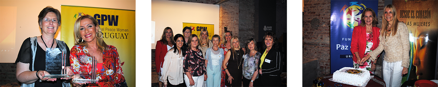 (Left) Nancy Cappelli and Mrs. Laura Martinez; (Center) All members of the Uruguay Chapter of GPW; (Right) Cutting the cake, by the Pres. Of Chapter Dr. Nibia Pizzo and the former First Lady, Dr. Maria Julia Pou de Lacalle