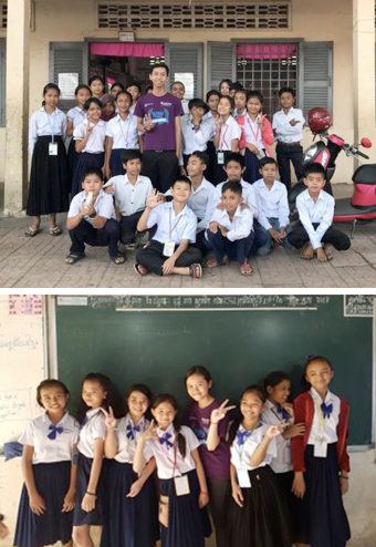 Top: Volunteer teacher Belle with some of his students Bottom: Volunteer teacher Chea with some of her students