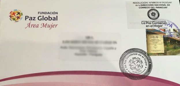 Postmarked mail issued by the government of Paraguay for the Peace Begins in the Home campaign