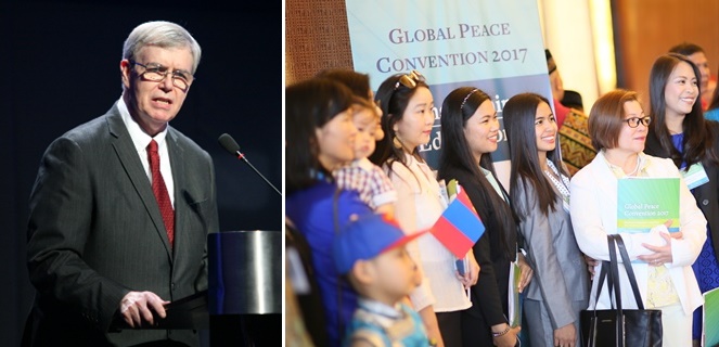 (left to right) GPF International President James Flynn moderating Plenary I, participants of the Global Peace Convention 2017