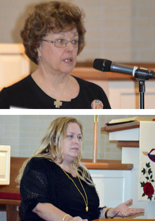 Top: Kathleen Meier, President, Metro D.C. Synodical Women’s  Organization, host of the annual convention. Bottom: Author,  advocate and trafficking survivor Barbara Amaya shares personal story at the human traffickig forum.