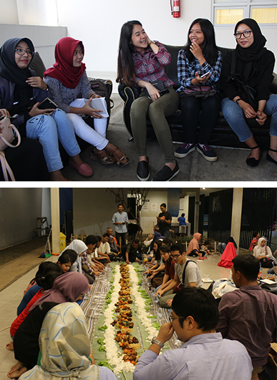 Top: Young people in Bandung discuss interfaith cooperation Bottom: Families in Jakarta gather for a shared meal and shared stories