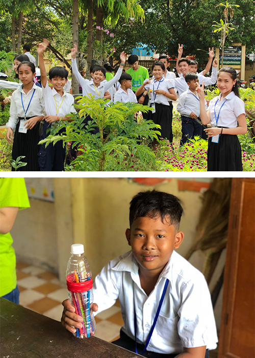 Top: GreenEd participants plant trees and maintain school gardens Bottom: Students in GreenEd create recycled containers for school supplies