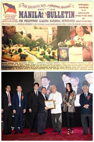 Manila Bulletin features the Alllights Village Charity dinner; below: Consul of Korean Embassy to the Philippines receives a Plaque of Recognition.