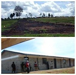Top: Vacant lot of a burned school during the post-election violence in 2007; below: a newly constructed classroom. 