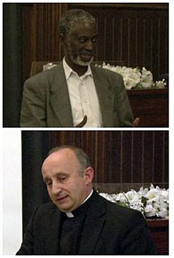 Top: Dr. Sulayman S. Nyang and below: Rev. Mark Farr at the forum called, “The Role of Religion in Pluralistic Societies.