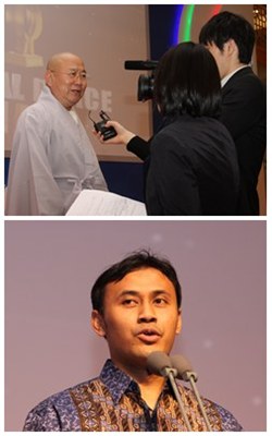 Top: Global Peace Faith Award-winner, Buddhist Monk Bupta. Below: Global Peace Service Award-Winner, Indonesian entrepreneur Goris Mustaqim, at GPC 2011.