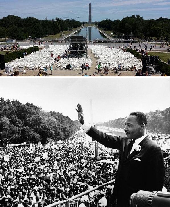 The Lincoln Memorial with fifty years difference since Dr. Martin Luther King, Jr.'s 'I Have a Dream' Speech