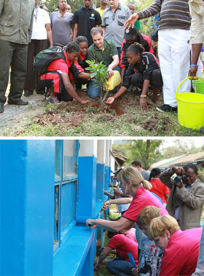 Above: Mr. Christian Kriek, planting a 'Madiba tree' with assistance from volunteers; Below: painting the exterior of the library.