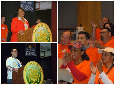 Top left: Rev. Bernice King; bottom left: Dr. Paul Murray address volunteers at the King Center