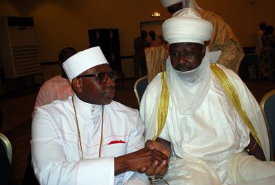 Pastor Ayo Oritsejafor, president of the Christian Association of Nigeria (left) greets the Adoma of Doma.