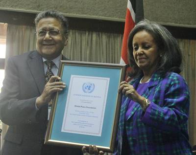 Ambassador Sahle-Work-Zewde, UN Office Nairobi and Dr. Manu Chandaria, Comcraft Group