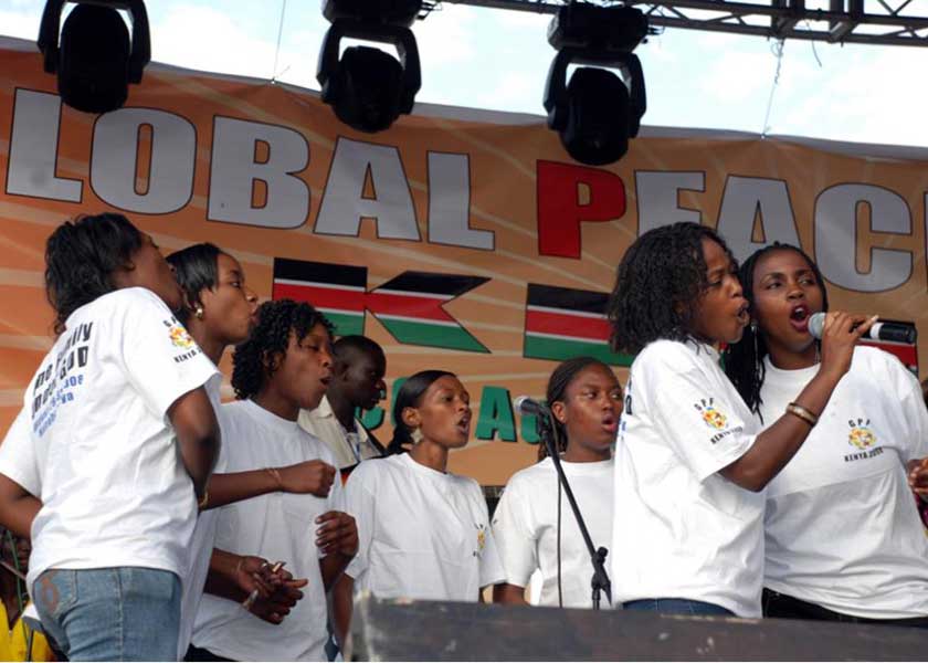 Young volunteers sing at the Global Peace Festival 2008 Nairobi, Kenya.