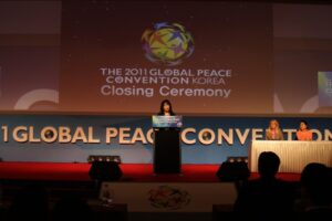 Mrs. Shin Sook Kim, Secretary-General of Global Peace Women, presents the focus areas of Global Peace Women during the special women’s session at the 2012 Global Peace Convention in Seoul, Korea.