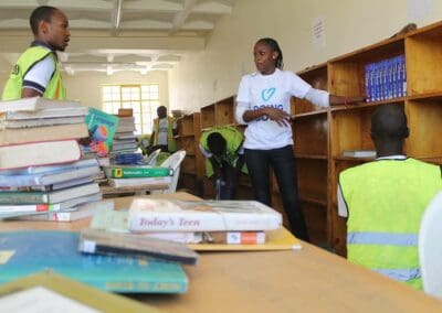 Volunteers organize shelves