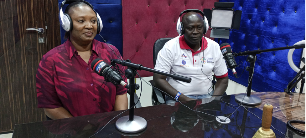 Guests Mercy Kwando Auta (left) and Rimpyen Danjuma (right) in the recording studio during a GPF radio program promoting peaceful elections in Nigeria