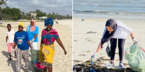 Volunteers collecting trash at Mbalamwezi Beach