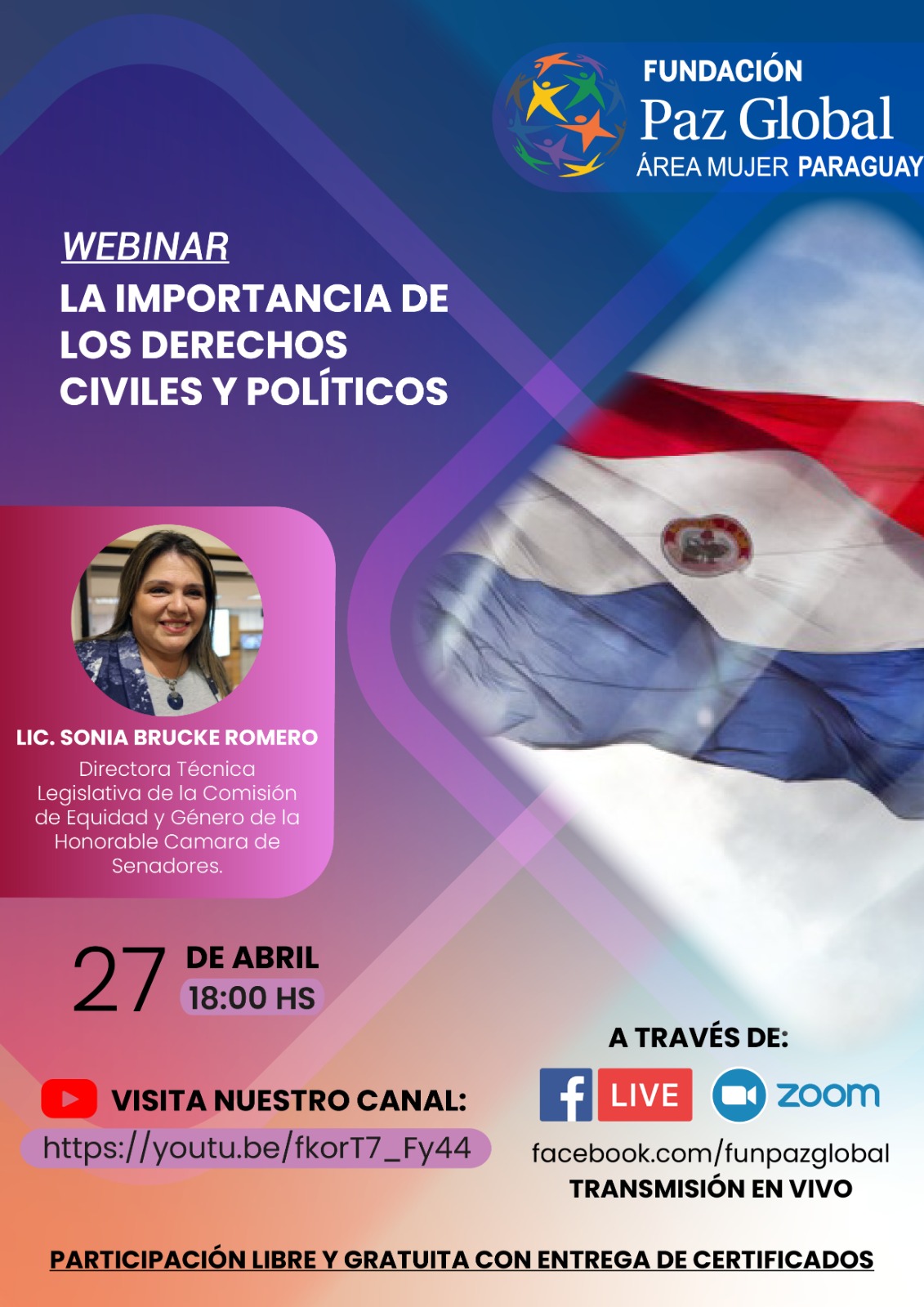 A flyer for a conference in Puerto Rico featuring a Paraguay women's peacebuilding webinar.