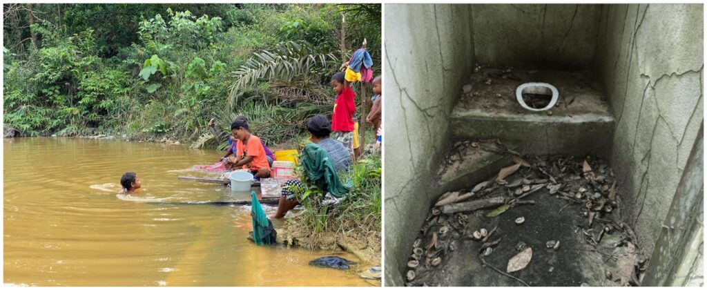 (Left) Villagers bathing and doing laundry in a muddy pond (Right) Abandoned toilet in an Orang Asli village