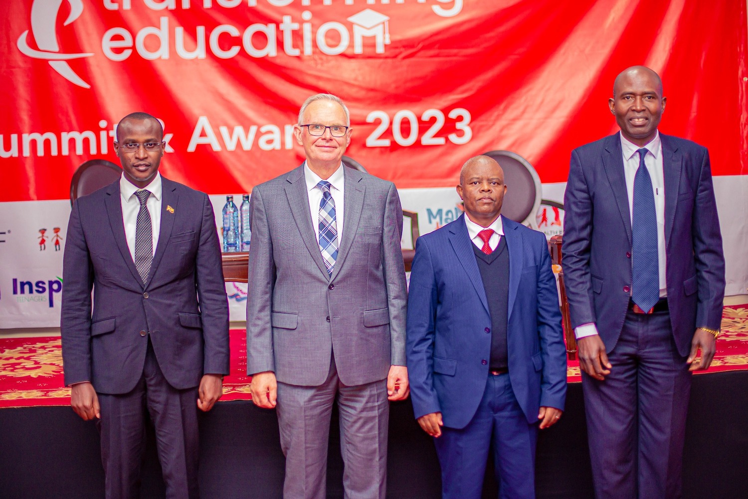 From left: Dr. Kelly Oluoch CEO Kenya Medical Training Collage, Dr. Tony Devine, GPF vice-president of education and Executive Director, Dr. William Sugut Director, Education Reforms and Junior secondary Education programmes and GPF-Kenya CEO, Mr. Daniel Juma during the second edition of Transforming Education Summit and Awards 2023 at The Panari Hotel in Nairobi.