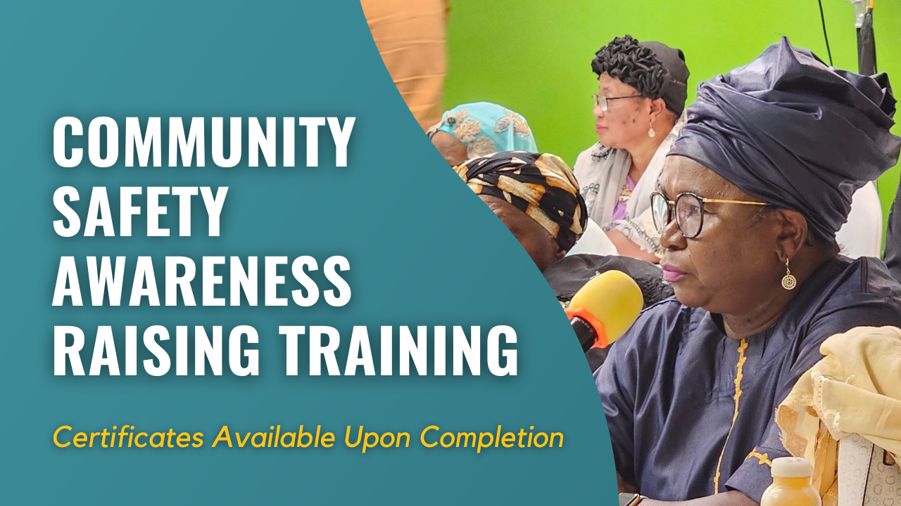 A group of people attending a Community Safety Awareness Training session. A woman in a headscarf speaks into a microphone, emphasizing the importance of community safety awareness. Text reads "Certificates Available Upon Completion.