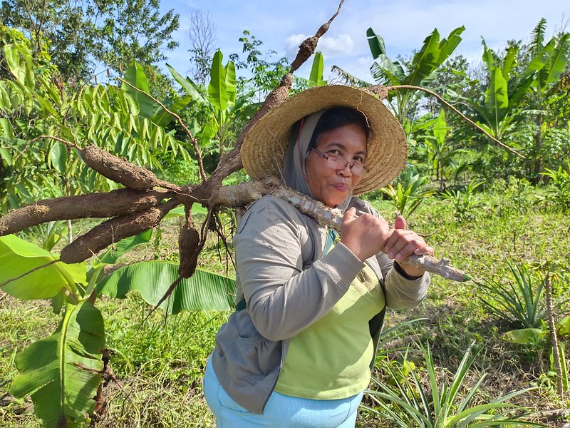 A woman in a straw hat stands next to a tree, representing empowerment of Indigenous People in Malaysia.