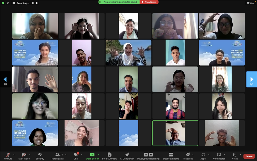 A screen shot of a group of people in a video chat during the Young Bridging Leaders Challenge organized by GPF Indonesia.