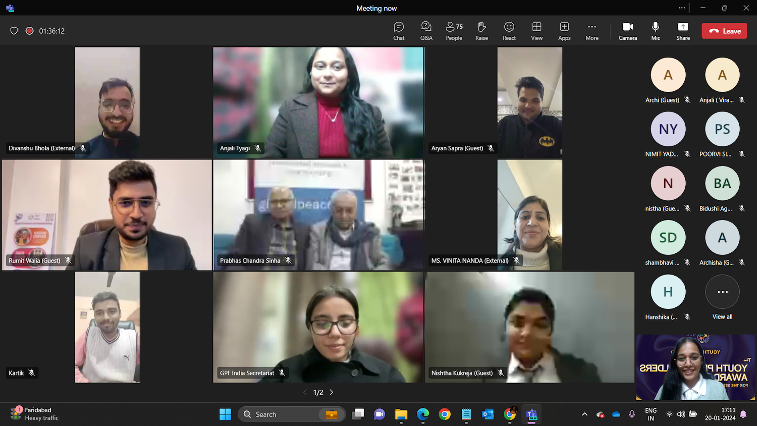 A screenshot of a virtual group meeting with multiple participants from youth peace clubs displayed in a grid layout.