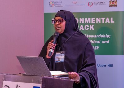 A person wearing a hijab speaks into a microphone at a podium equipped with a laptop. Behind, a banner reads "Environmental Track" and "GPLC Africa 2024," adorned with various sponsor logos.