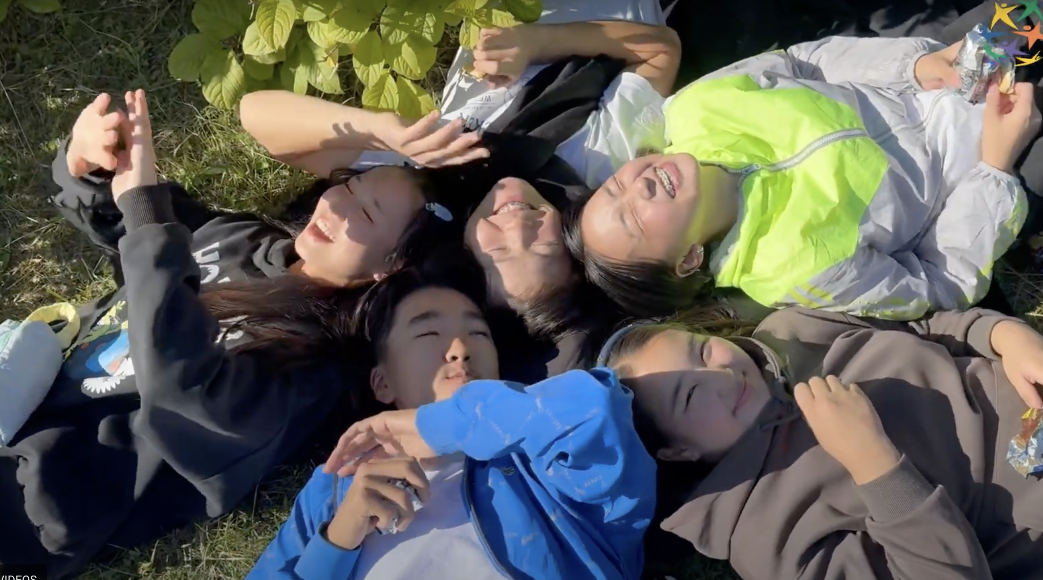 Six people are lying on the grass in a circle, heads together, smiling and laughing, with green foliage in the background. Their joyful gathering feels like a perfect moment to celebrate the 2024 International Day of Peace.