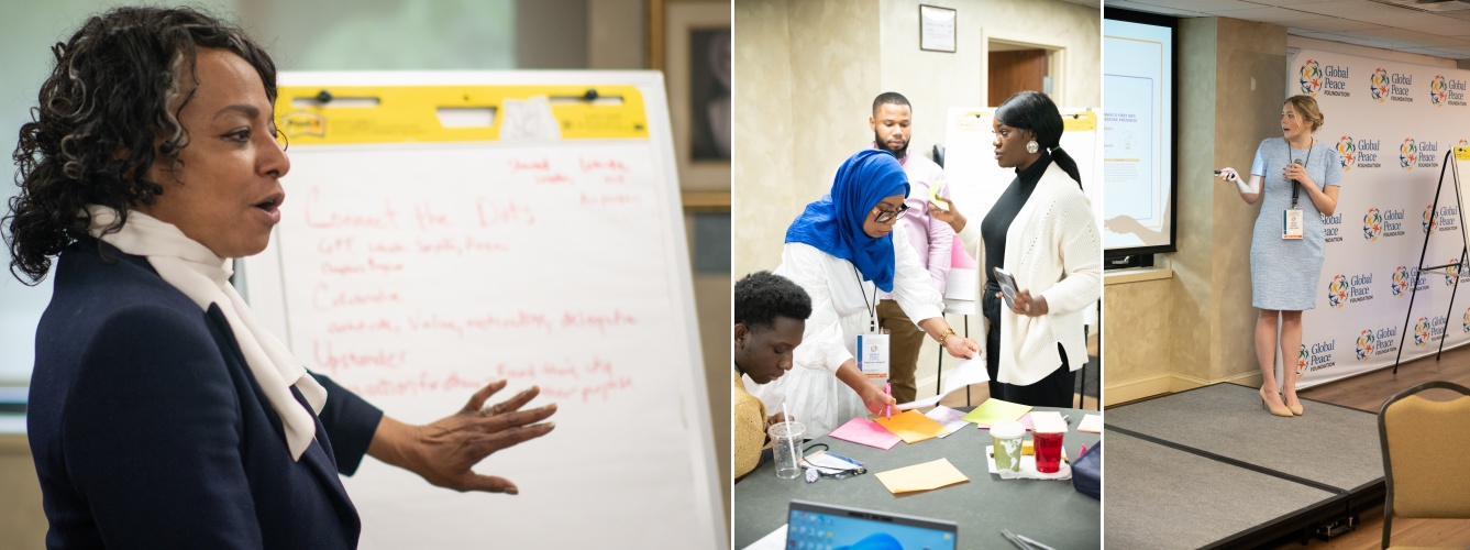 People engage in a workshop with a woman speaking, a group collaborating on notes, and another woman presenting in front of a Global Peace Foundation-branded backdrop, fostering unity to combat hate crimes.