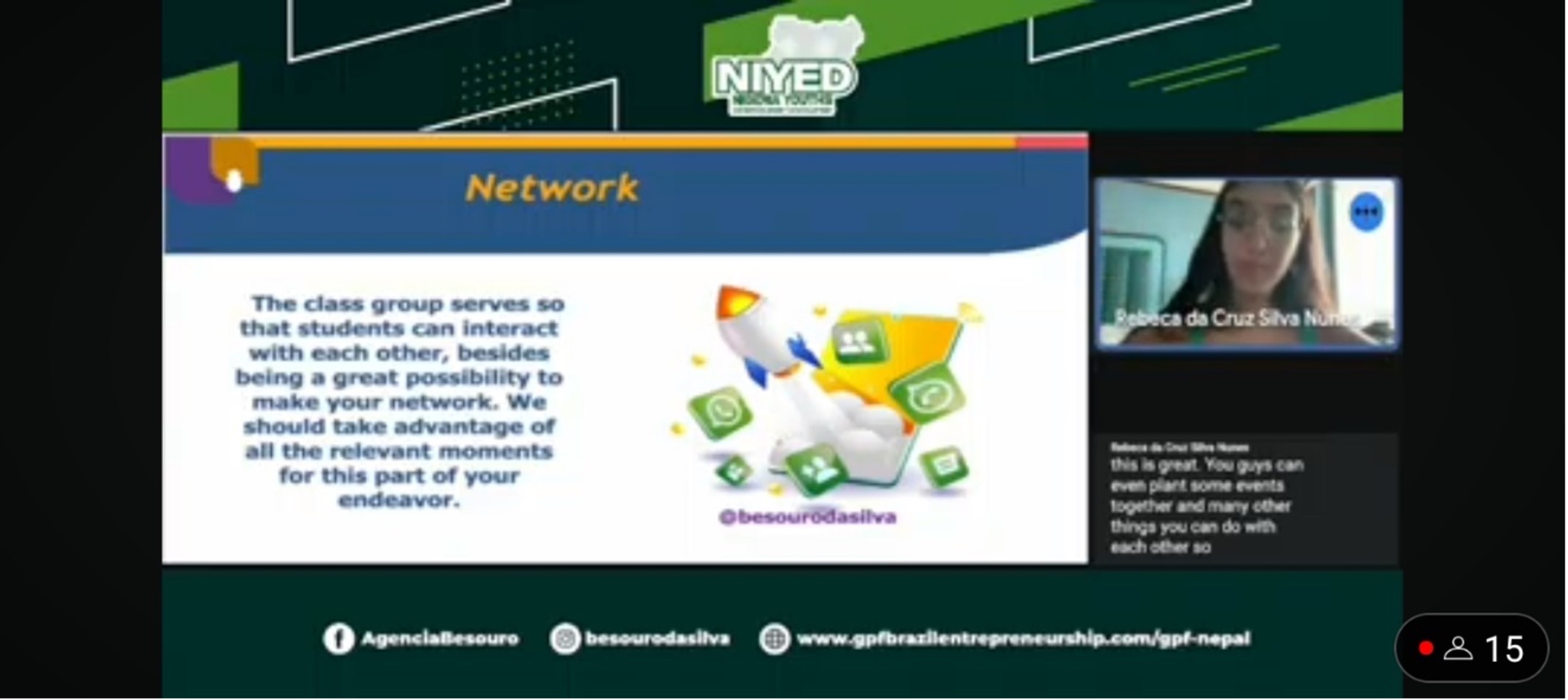 Presentation slide titled "Network" featuring a rocket and icons, urging Nigerian youth to connect for entrepreneurial development. A speaker is visible on the right side.