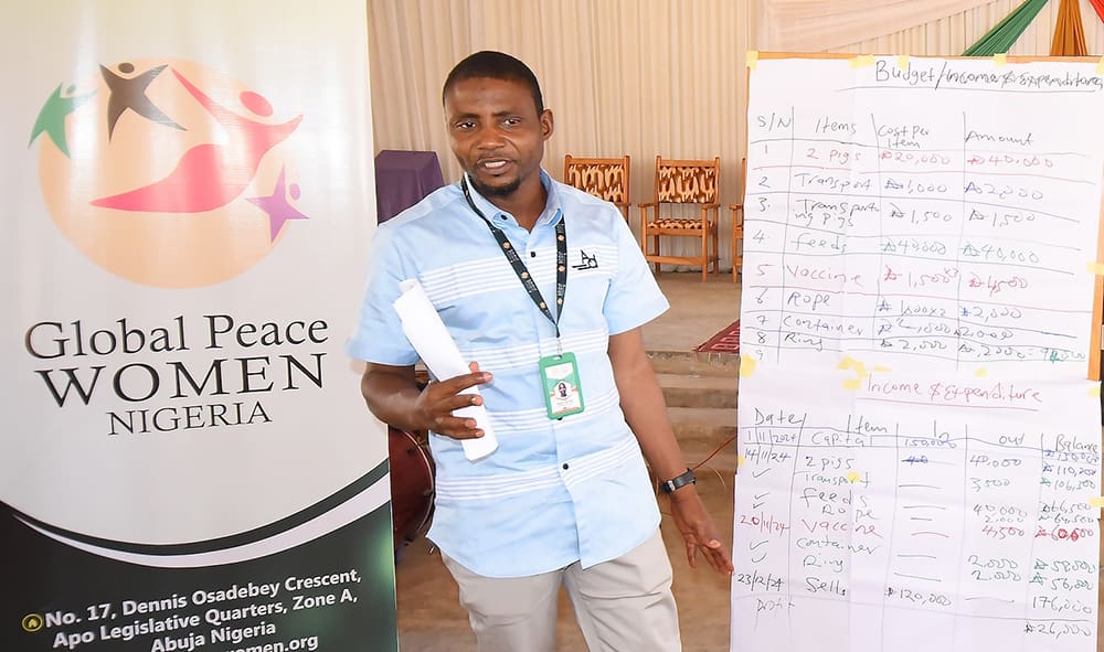 A man stands next to a Global Peace Women Nigeria banner and a financial literacy board displaying budget information and expenditures, empowering women and youth in the community.