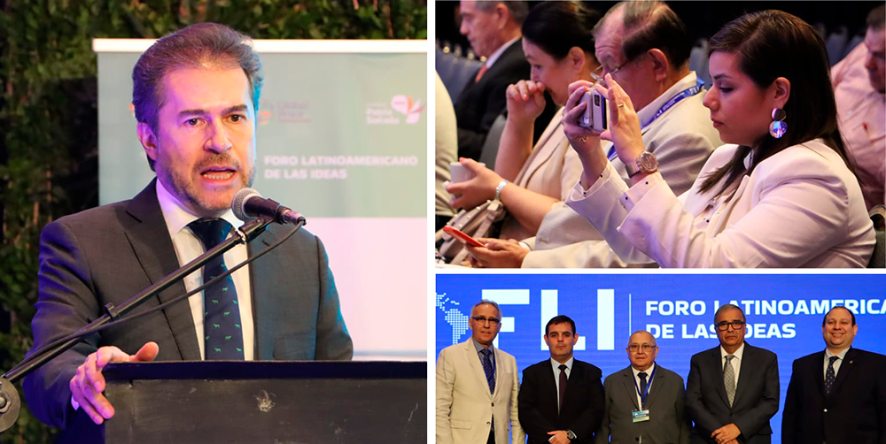 A man speaks at a podium while a woman captures the moment in the audience. Nearby, five men pose confidently in front of a