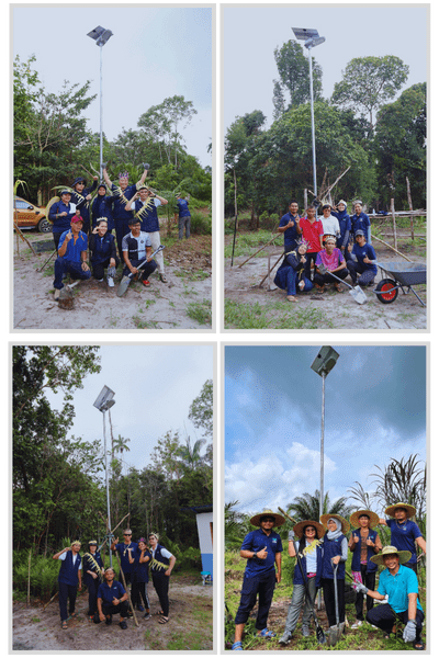 Four photos depict groups of people assembling solar panel installations in an outdoor setting with surrounding trees.