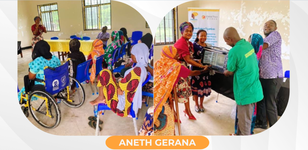 People gathered in a room, with a man presenting an item to a woman in a wheelchair. This event, centered on empowering women with disabilities, highlights their vital role in peacebuilding and fostering economic independence for families.