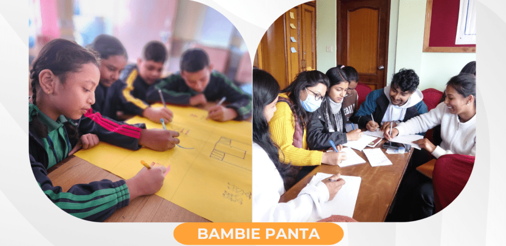 A group of women and one man engage in collaborative work at a table, symbolizing the spirit of IWD 2025. In another scene, several women watch as a man writes on a large sheet of paper in Bambie, Nepal. These moments underscore dedicated peacebuilding efforts.