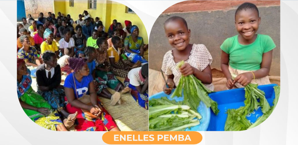 A group of women and children gather indoors, while two women smile outside with green leaves. The text highlights Women’s Leadership in peacebuilding efforts through the Ndife Amodzi Project in Malawi.