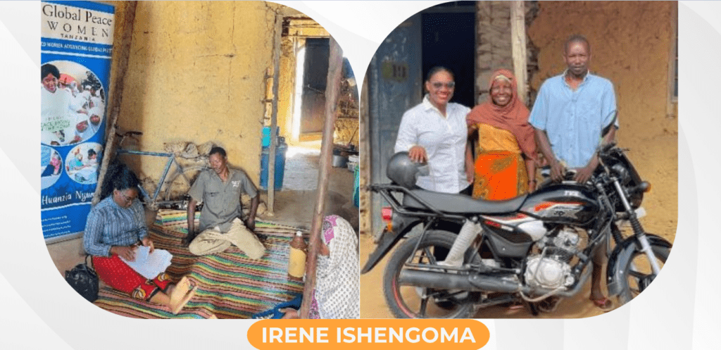 Two people stand beside a motorcycle with banners of the Global Peace Foundation in the background, championing Tanzanian women in peacebuilding.