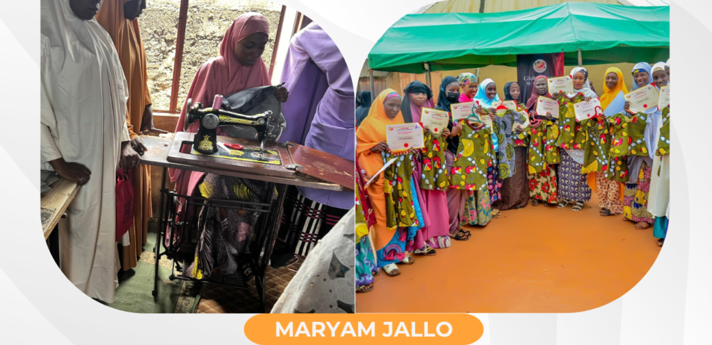 A collage features women mastering the sewing machine and a group proudly holding certificates, underscoring the strength and success of single mothers in peacebuilding. Highlighting Maryam Jallo from Nigeria, it celebrates their vital role and achievements.