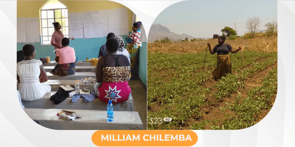 Split image with a classroom scene on the left and a field with a woman farming on the right. Text reads: 