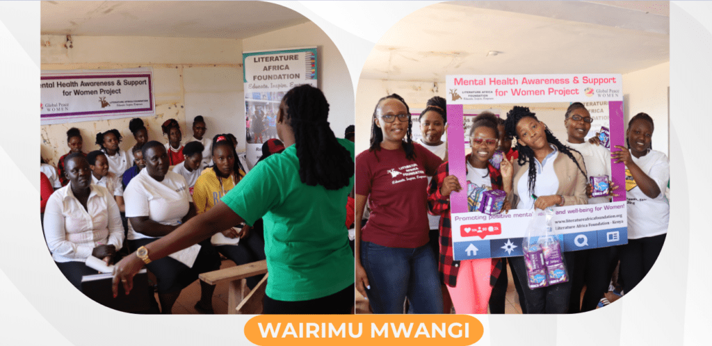 A group of empowered women and a few men hold signs and a project banner, advocating for mental health awareness and support in peacebuilding. The effort, highlighting 