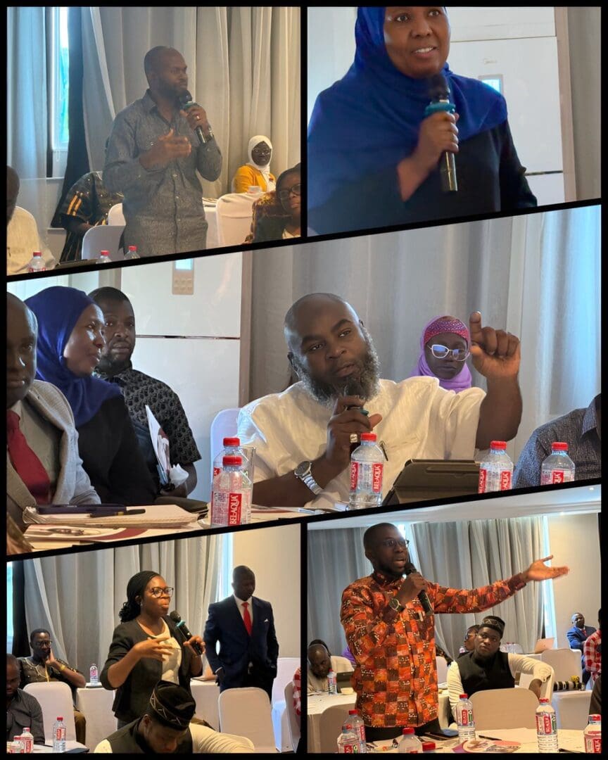 A collage of five photos shows men and women in West Africa speaking and listening during an indoor seminar or meeting on religious freedom, with tables, bottled water, and curtains visible in the background.