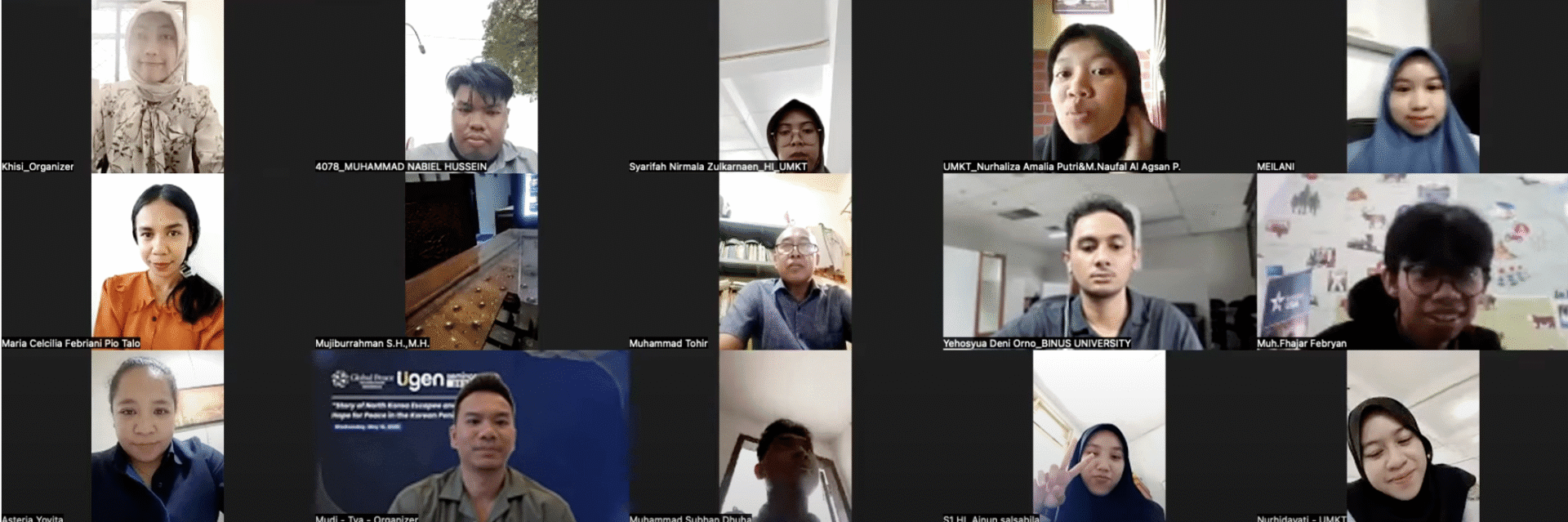 A screenshot of a virtual meeting for the UGen Seminar 2025 shows 17 participants, each in their own video window, with a mix of men and women in various indoor settings.