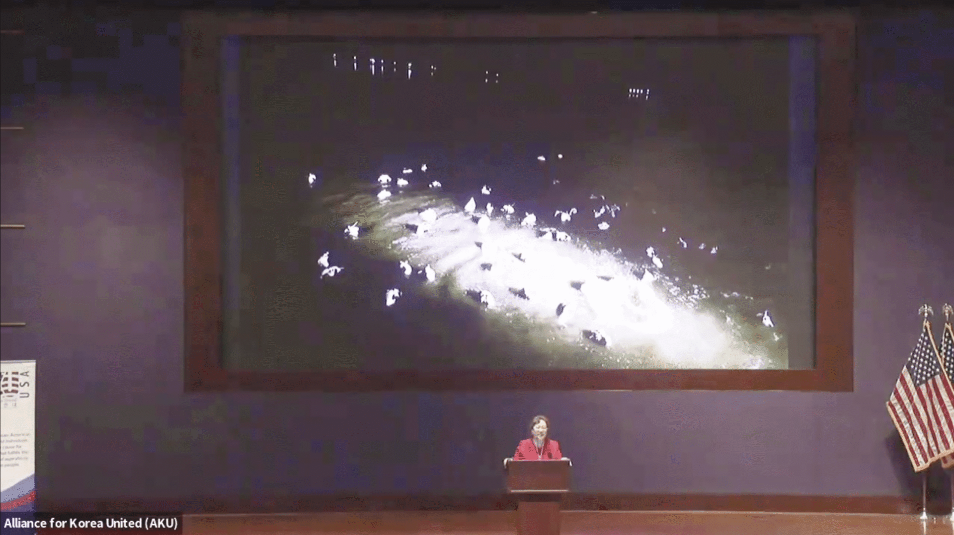 A person speaks at a podium during a Capitol Hill Forum, in front of a large screen displaying a nighttime scene with birds illuminated by bright lights. U.S. flags are visible to the right of the podium.