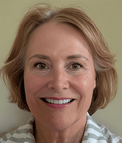 Susan Gibbs Joseph, a middle-aged woman with short light brown hair, green eyes, and a striped shirt, smiles at the camera against a plain background.