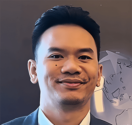 S5. Regional Solidarity for Korean Unification 10. Muhammad Mahmudi Muhammad Mahmudi, a man in a suit, smiles confidently in front of a blurred background featuring a partial globe illustration.