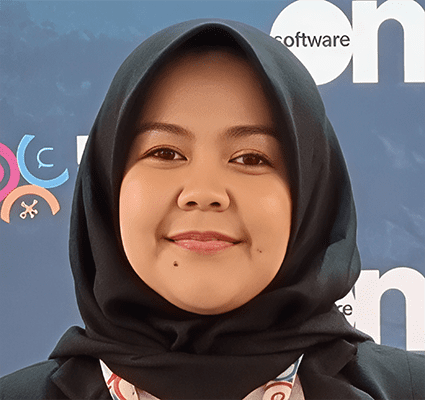 S5. Regional Solidarity for Korean Unification 4. Dian Novikrisna Dian Novikrisna, wearing a black hijab and a suit jacket, stands in front of a blue background adorned with white and colorful text and graphics.